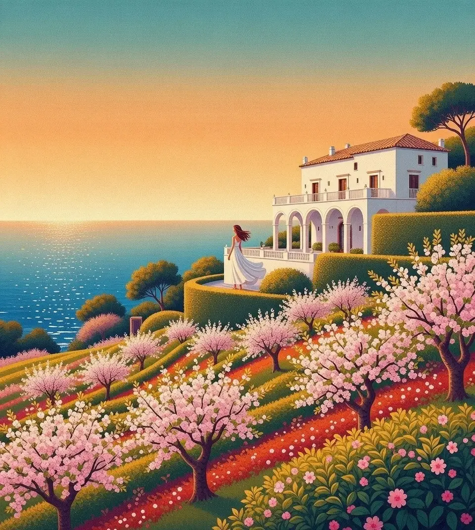 Mediterranean coastline with cherry blossoms at sunset